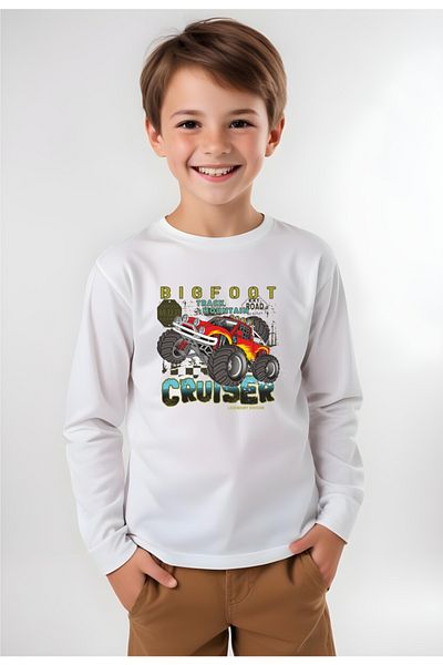 panios kids White Car Printed Boy's Sweatshirt - Round Neck