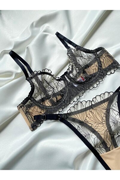 ARONA Dantelli Çiçek Desenli Siyah Alt-üst 2'li Bralet Takım