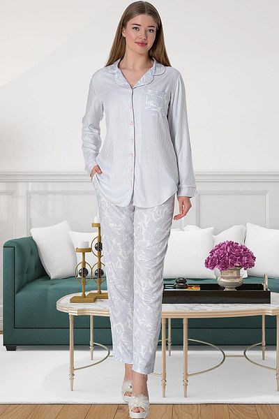 Mecit Pijama Γυναικείο σετ πιτζάμες από βαμβακερή βισκόζη - Μακρύ μανίκι, γιακάς πουκαμίσου, με κουμπιά μπροστά, ροζ