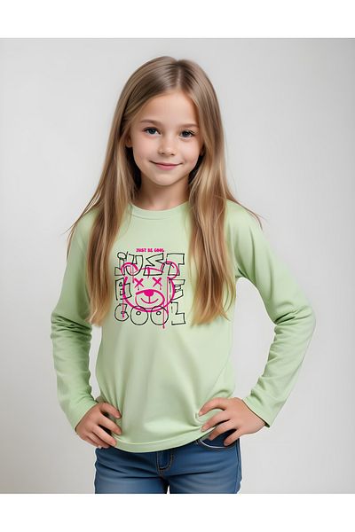 panios kids Зелен суитшърт с щампа Just Be Cool за момичета с кръгло деколте