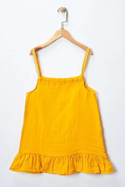 BUUFUU MÜSLİN KUMAŞ ÖRGÜ ASKILI ETEĞİ FIRFIRLI KIZ ÇOCUK ELBİSE