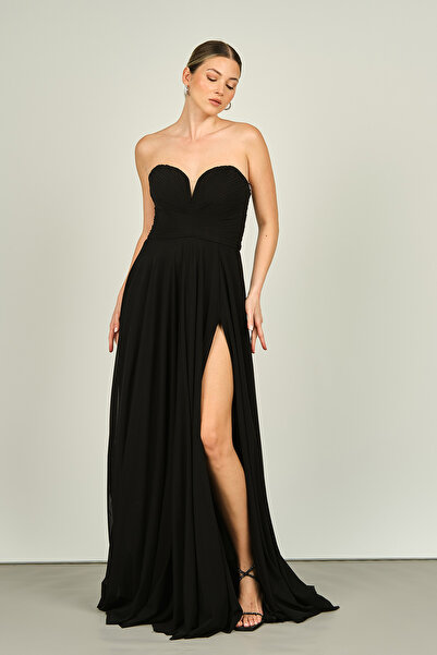 ŞEREF VURAL Strapless Black Long Women's Evening Dress -5437021