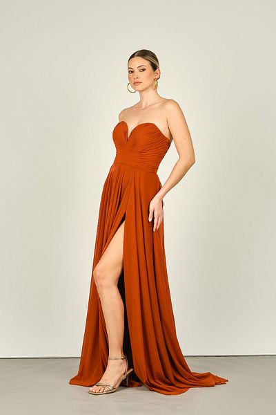ŞEREF VURAL Strapless Brick Color Long Women's Evening Dress5437021