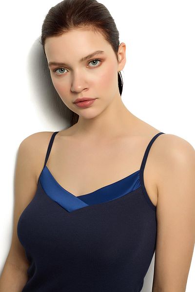 Jiber Women's Satin Collar Rope Strap Navy Blue Undershirt 626