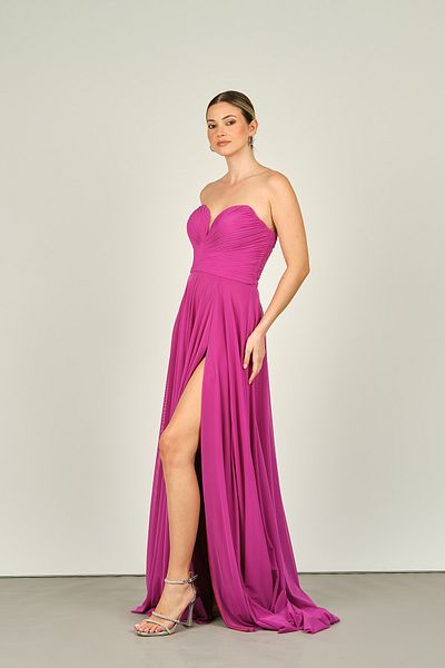 ŞEREF VURAL Fuchsia Strapless Long Women's Evening Dress -5437021