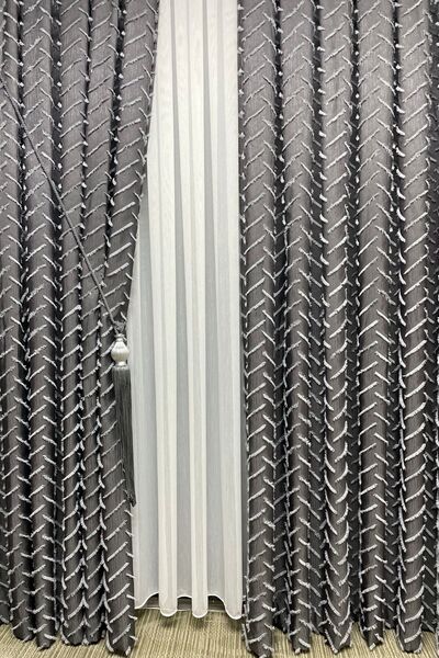 Cortibo Harmony Series Anthracite & Gray Tufted Background Curtain - 2.5 Medium Pleat to 1