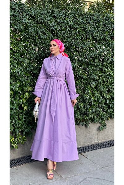 VıoShıne قماش البوبلين - فستان نسائي بياقة قميص وأزرار وحزام