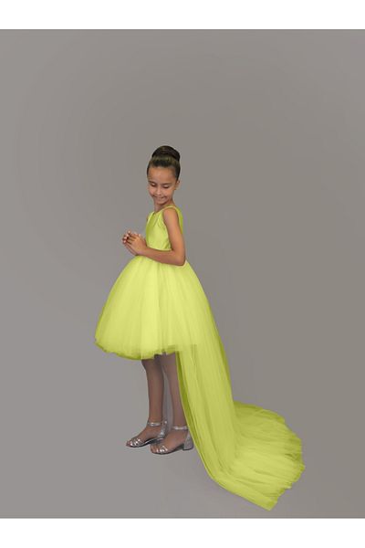 nsmkidslife Yellow Satin Girl's Ball Gown - Short Front, Back Long Train, Graduation Party Dress