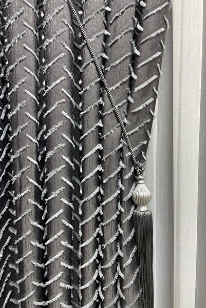 Cortibo Harmony Series Anthracite & Gray Tasseled Background Curtain - 2 Sparse Pleats in 1