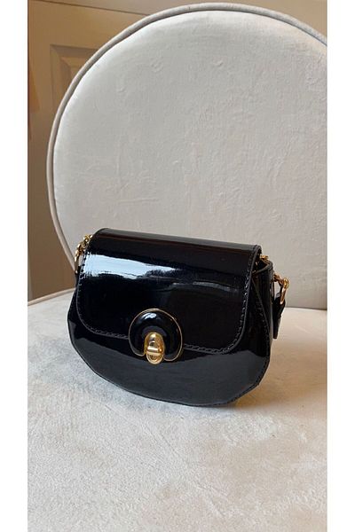 Mercan Stores Women's Black Mini Shiny Patent Leather Accessory Chain Shoulder Strap Buckle Coin Bag