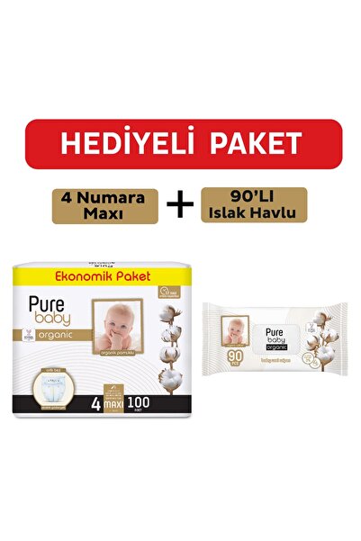 Pure Baby Organik Bebek Bezi 4 Beden Maxi 100lü Islak Mendil Hediyeli