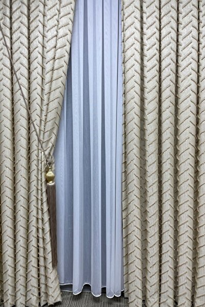 Cortibo Harmony Series Cream & Beige Tasseled Background Curtain - Pleated Free