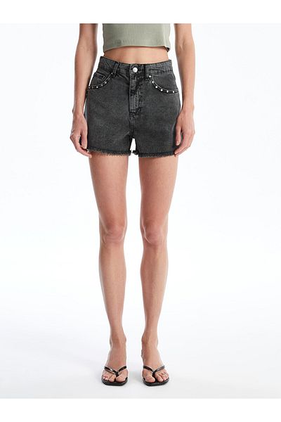 LC Waikiki Γυναικείο τζιν σορτς με στάμπα πέτρας Mom Fit
