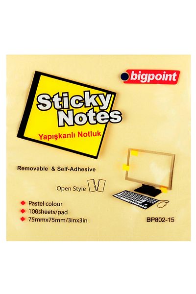 Bigpoint ورق ملاحظات أصفر مقاس 75x75 - لاصق، BP802-15