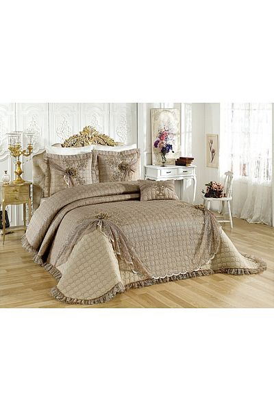 BALADI HOME High Quality 4 Piece Dowry Bed Cover - French Lace and Quilted Goncagül