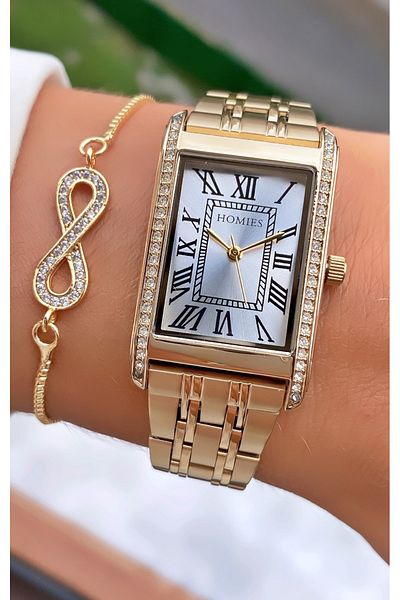 Homies Gold Colored Waterproof Women's Wristwatch and Bracelet Gift