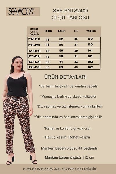 Seamoda Brown Color - Elegant Cut Leopard Pattern Large Size Skuba Trousers