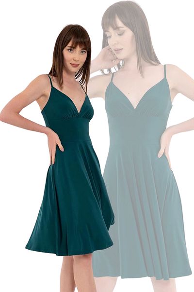 Laranor Emerald Green Adjustable Strap Low-cut Collar Flared Dress