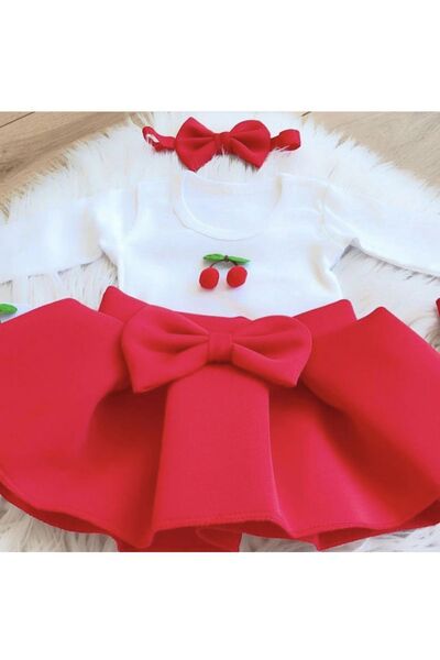 Kokosh kidss Kız çocuk kırmızı eteklı kırazlı set