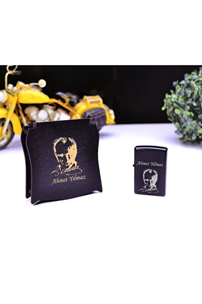 hediyekralı Ahşap  Kutulu Atatürk Siluetli İsme Özel Metal Çakmak