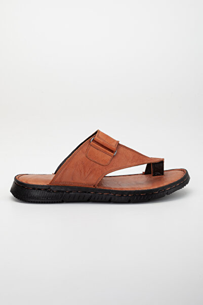 LİLLA Genuine Calfskin Orthopedic Men's Slippers - Thick Pad, Tan, Flip Flops