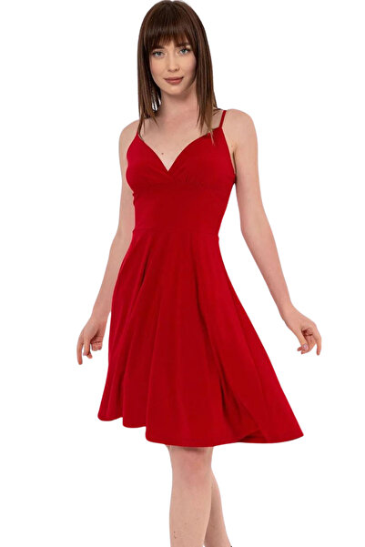 Laranor Red Adjustable Strap Low-cut Collar Flared Dress