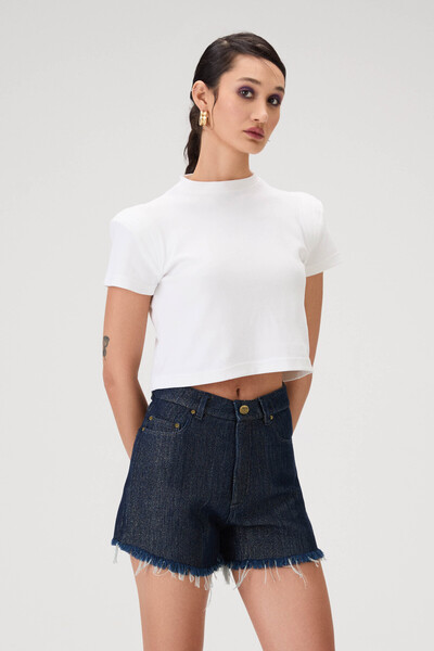 The Pose Kadın Mavi Beş Cepli Yüksek Bel Paçası Dikişsiz Denim Şort