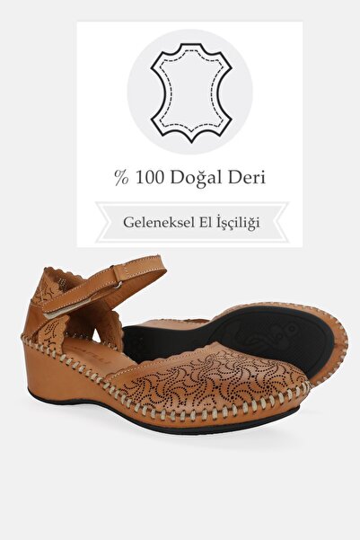 TUNAELLİ Tan Genuine Leather Women's Sandals - Size 35-41-42 Wedge, Heels and Side Open