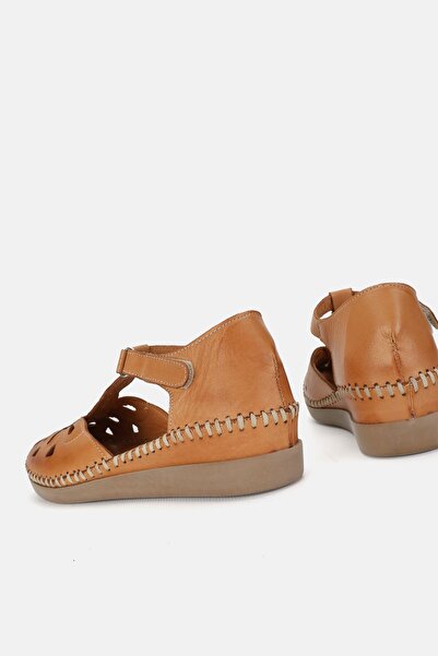 TUNAELLİ Tan Genuine Leather Women's Sandals - Size 35-41-42 Strapped, Flat Wedge Heels, Side Open
