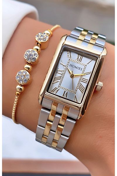 Homies Yellow Silver Colored Waterproof Women's Wristwatch and Bracelet Gift