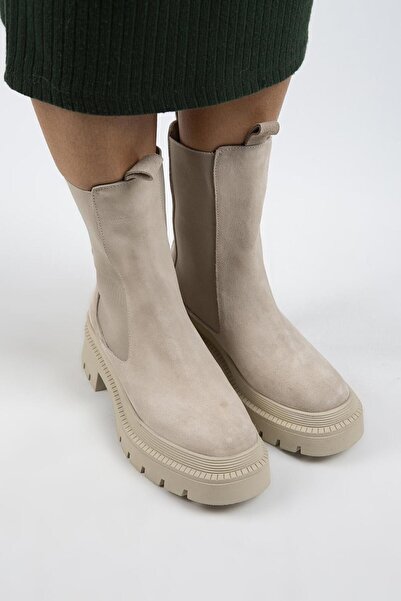Manijero Agatha Kadın Hakiki Deri Çift Taraflı Lastikli Burnu Köşeli Bej Süet Bot