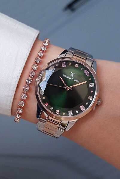 Daniel Klein Rose Gold/Metalik Kesme Camlı, Taşlı Yeşil Kadranlı Kadın Kol Sa...