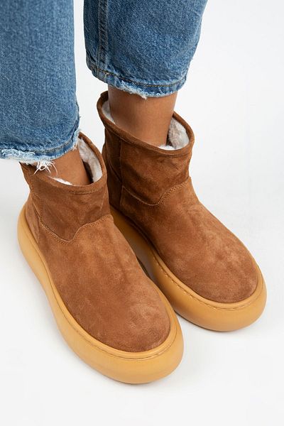 Manijero Gemma Γυναικείες μπότες από γνήσιο δέρμα Flat Tan με γούνα στο εσωτερικό