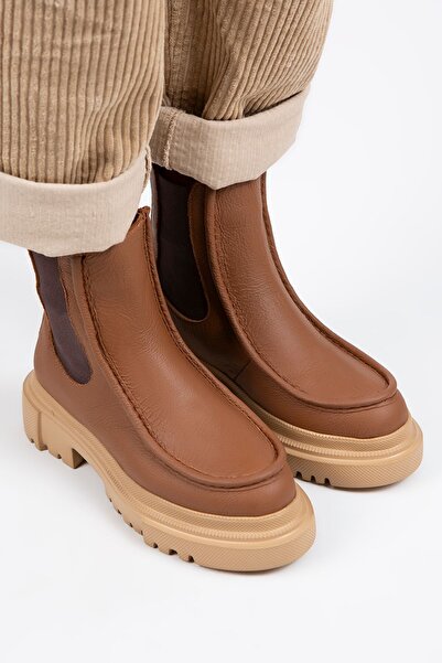 Manijero Agnes Kadın Hakiki Deri Çift Taraf Lastikli Taba Bot