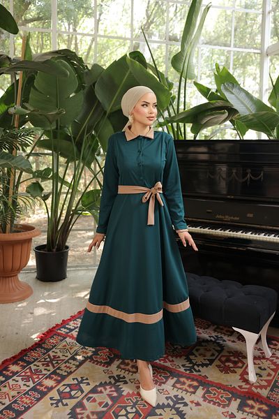 Esre Store 4466 Model Emerald Green Collared Hijab Dress
