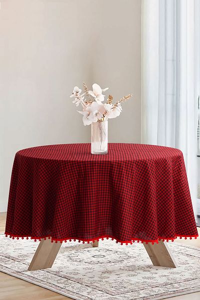 Soft Kare Bommel Gingham Round Pompom Tablecloth Gingham Round