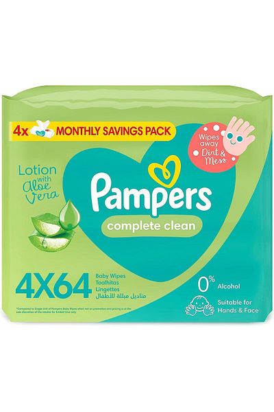 Pampers Complete Clean Baby Wipes With Aloe Vera Lotion For Hands & Face, 4 Packs, 256 Count