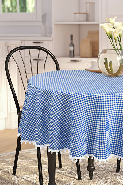 Soft Kare Față de masă cu pompon rotund Bommel Gingham Rotund