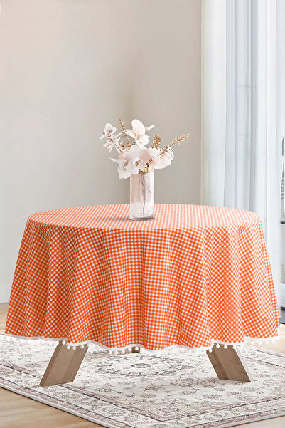 Soft Kare Față de masă cu pompon rotund Bommel Gingham Rotund