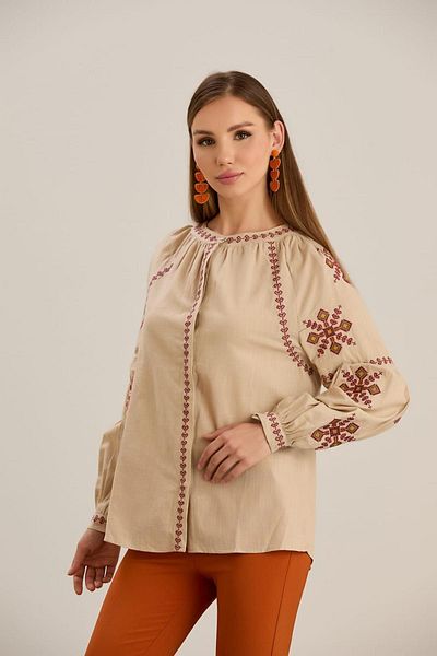 MAY MARA Cămașă de damă din in natural - Detaliu broderie, guler și mâneci cu șnur