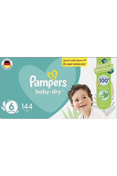 Pampers Baby-Dry Diapers, Size 6, Extra Large, 13+kg, Double Giant Box, 144 ct