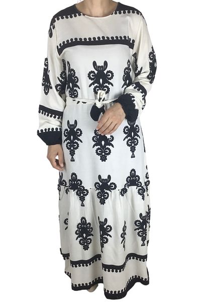 ECE GİYİM Μακρύ γυναικείο φόρεμα Ethnic Print - Ελαστική μέση και μανίκια με ζώνη