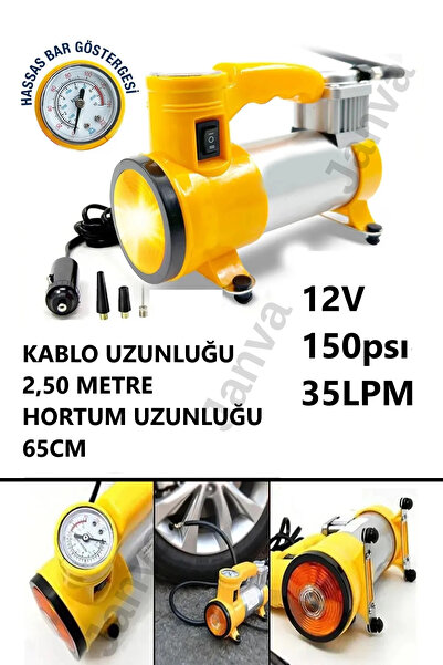 Janva Fenerli Kompresör 12V Taşınabilir 150 Psı Araba Oto Araç Motor Bisiklet...