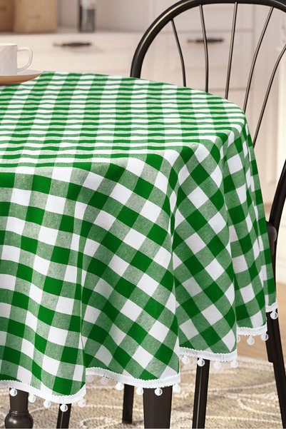 Soft Kare Față de masă cu pompon rotund Bommel Gingham Rotund