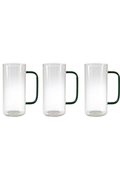 Kitchen Design Lab Yeni Stil Yeşil Renk Borosilikat Yuvarlak Cam Neskafe, Latte, Kahve Bardak Kulplu Kupa 400 ml 3 Adet
