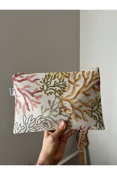 çınar kadın kooperatifi Kadın Mercan Desenli Keten Clutch El Çantası Makyaj Ç...