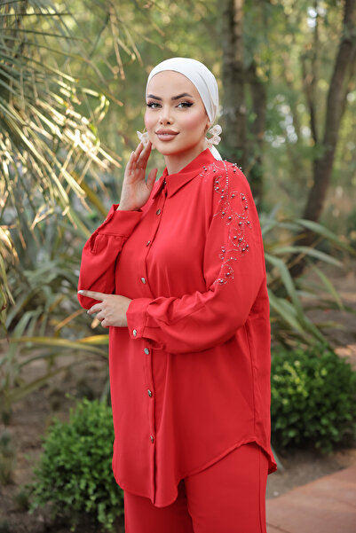 Esre Store Pantolon Gömlek Tesettür İkili Takım Kirmizi
