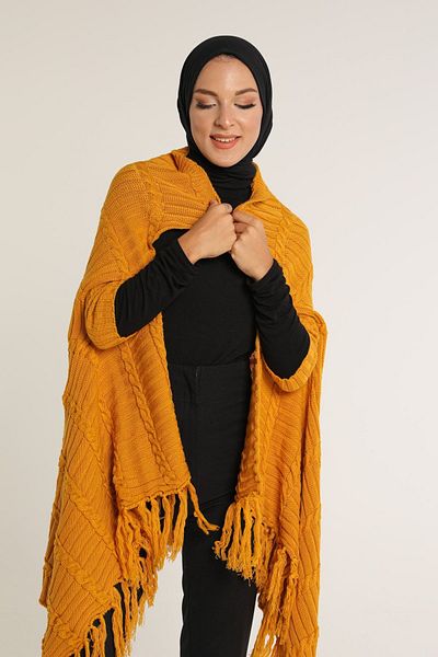 MAY MARA Women's Oversized Hair Knitted Jacquard Poncho Model with Tassels Comfortable Fit Knitwear Cardigan