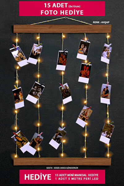 yhfoto Çerçeve - İpli Mandallı Ledli Fotoğraf Çerçevesi Ahşap Renk - ışıklı Ç...