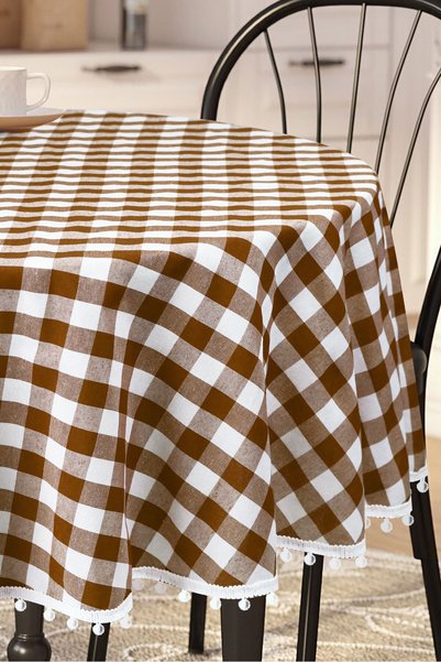 Soft Kare Față de masă cu pompon rotund Bommel Gingham Rotund